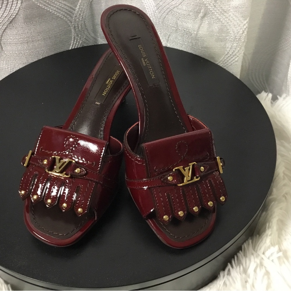Louis Vuitton Burgundy Patent Leather Slide Mules with Gold Hardware - Picture 13 of 13